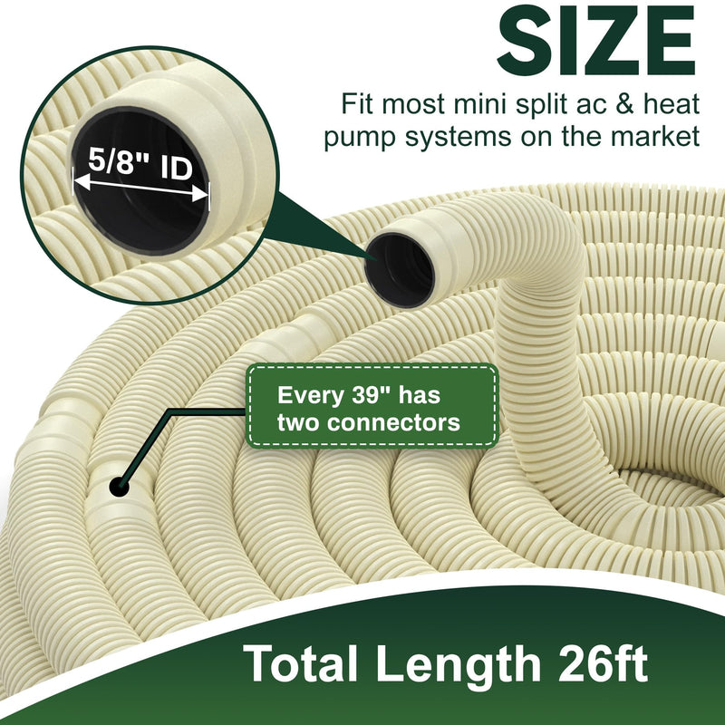 Flehomo 26Ft Universal Mini Split AC Drain Hose, 5/8 ID UV Resistant Drain Line Pipe for Mini Split Air Conditioner Heat Pump Systems