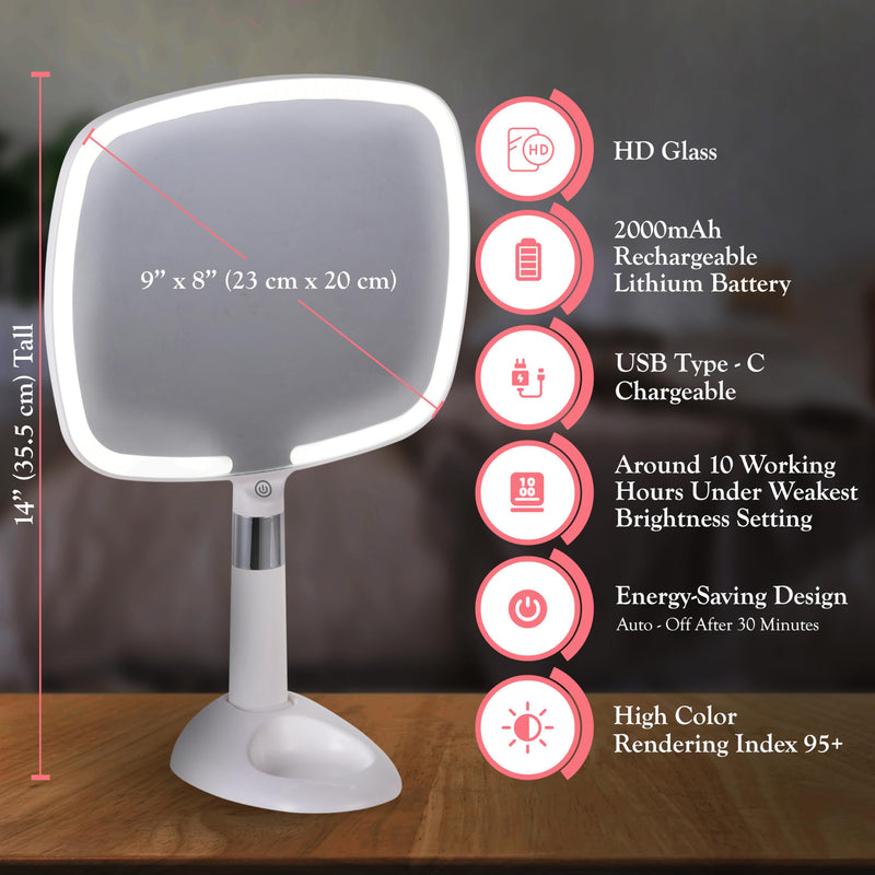 MIRRORVANA Lighted Travel Hand Mirror with Comfy Handle and Detachable Stand - Portable, Thin and Lightweight Design - Rechargeable with 3 LED Light Settings - 9" x 13" (White) White