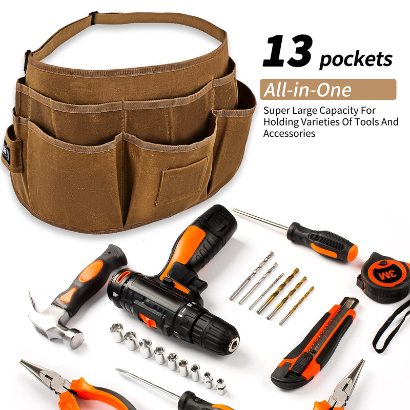 Waist Tool Belts with 13 Pockets,Waxed Canvas Tool Apron,Nail Apron,Woodworking Pouch for Men and Women,Adjustable Length from 28 to 45 Inches