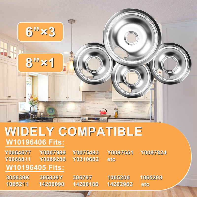Cenipar W10196405 Range 8 inch drip bowl &W10196406 Range 6 inch drip bowl(3 Pack) chrome plated for Electric Surface Burner Drip Pans