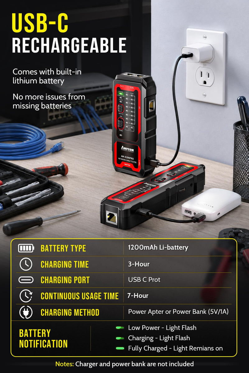 AMPCOM Tone Generator & Probe Kit, Rechargeable Wire Tracer Network Tester | Li-ion battery, Wire Tracker & Cable Tracer, Continuity Tests, LED Flashlight, Audio Monitoring, Switch Port-flah