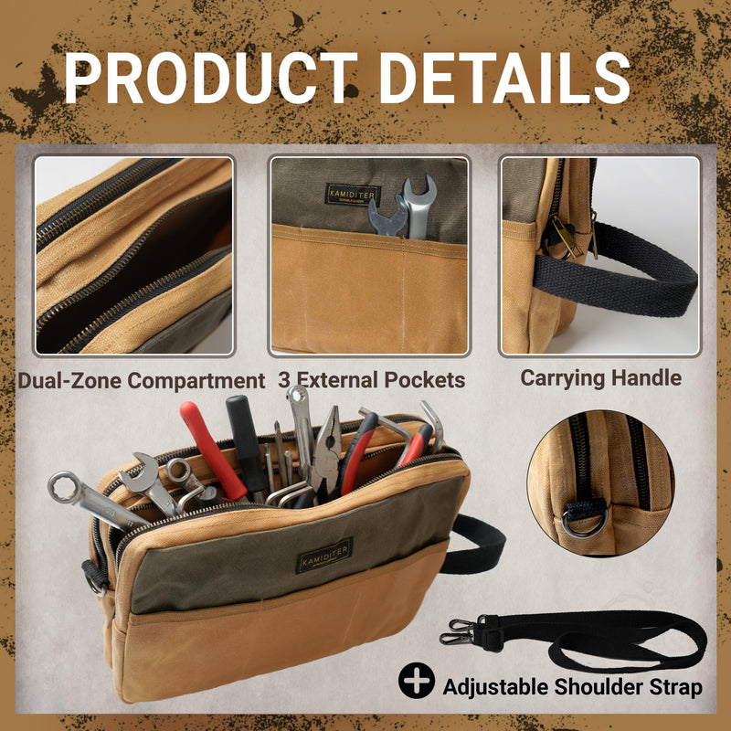 Small Tool Bag Waxed Canvas with Zipper Closure, Dual Compartments with 3 External Pockets, Handle & Adjustable Shoulder Strap 2-in-1 Convertible Pouch for Tool Organizers and Storage, Khaki