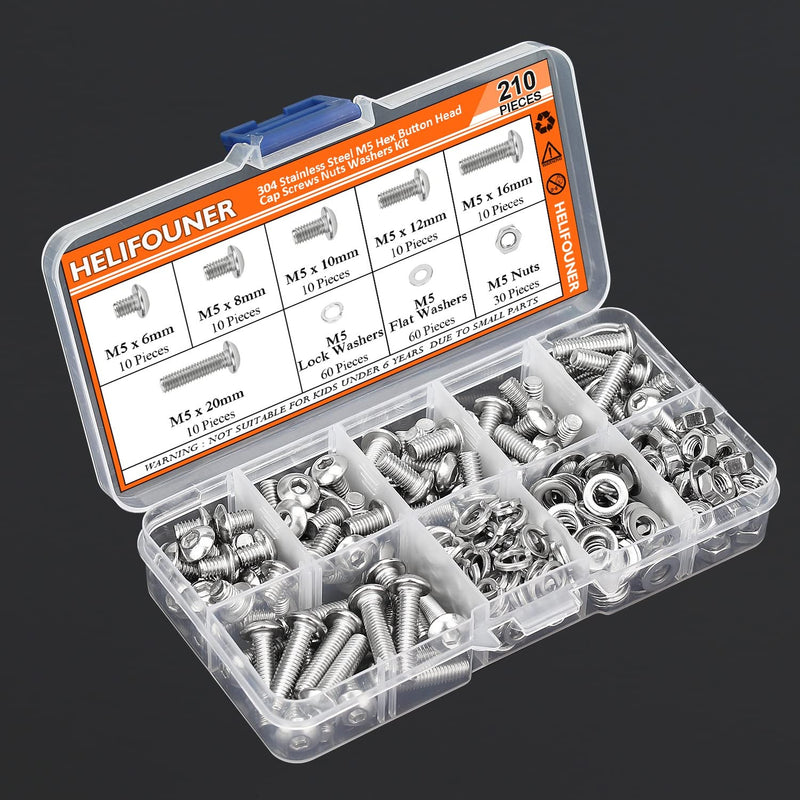 210 Pieces M5 x 6mm /8mm /10mm /12mm /16mm /20mm, Hex Button Head Cap Metric Screws Bolts Washers Nuts Kit, 304 Stainless Steel
