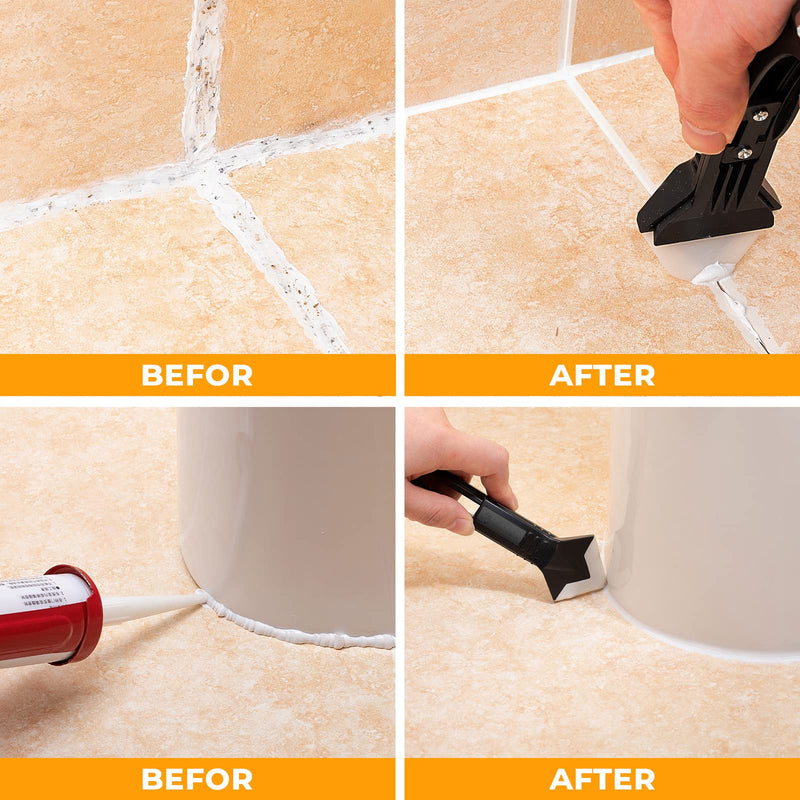 Saker Silicone Caulking Tools-3 in 1 Sealant Finishing Tool Grout Remove Scraper (Stainless Steelhead),Caulk Remover Glass Glue Angle Scraper for Bathroom,Kitchen,Floor,Window,Sink Joint,Frames Seal Black