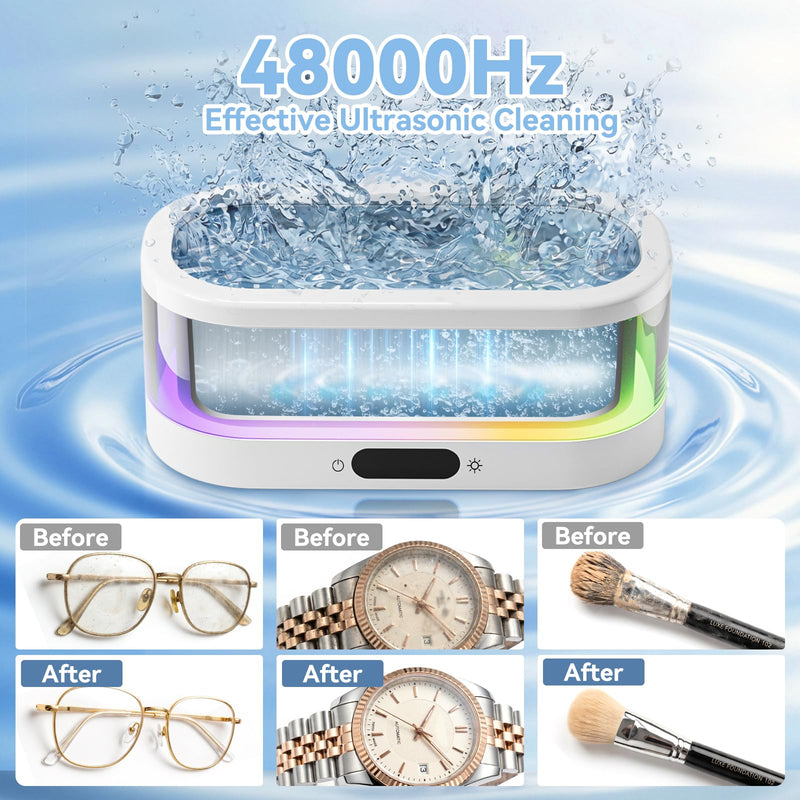 Ultrasonic Jewelry Cleaner with RGB Ambient Light, 48KHz Ultrasonic Cleaner for Jewelry, Glasses, Retainers, Dentures, Rings & Watches, 350ML SUS304 Stainless Steel Cleaning Machine, White