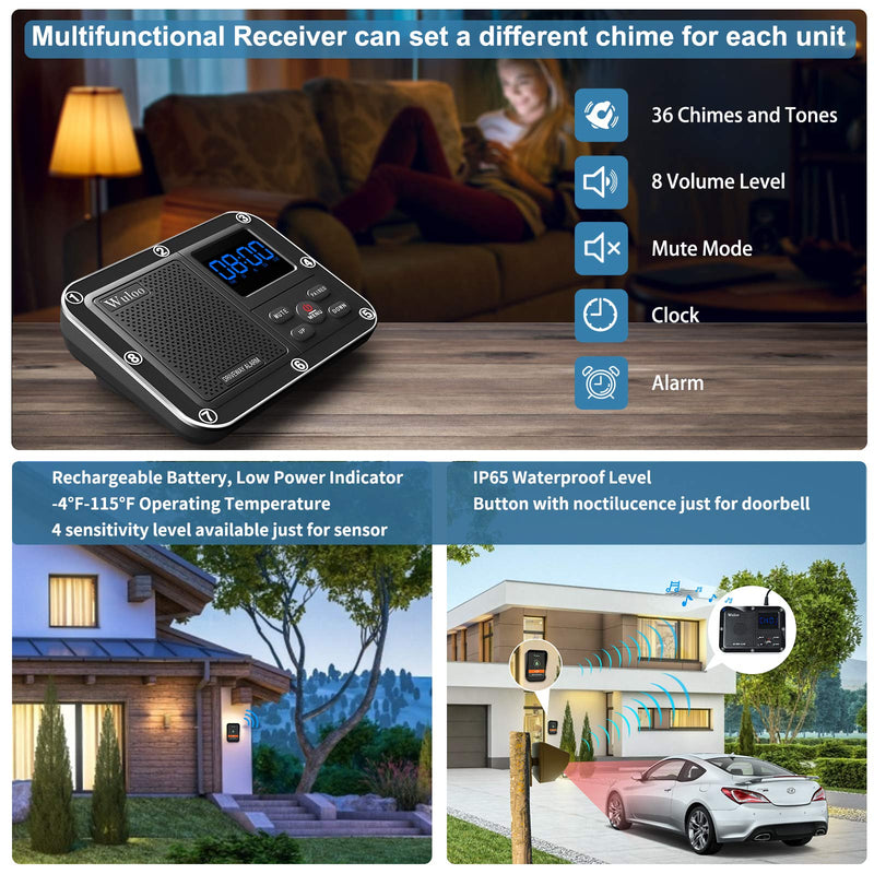 Wuloo Wireless Doorbells for Home, Solar Driveway Alarm, Multifunctional Wireless Home Security System, Rechargeable Battery/Weatherproof/Mute Mode/Clock and Alarm (1 Receiver 1 Sensor 1 Doorbell) 3 units set