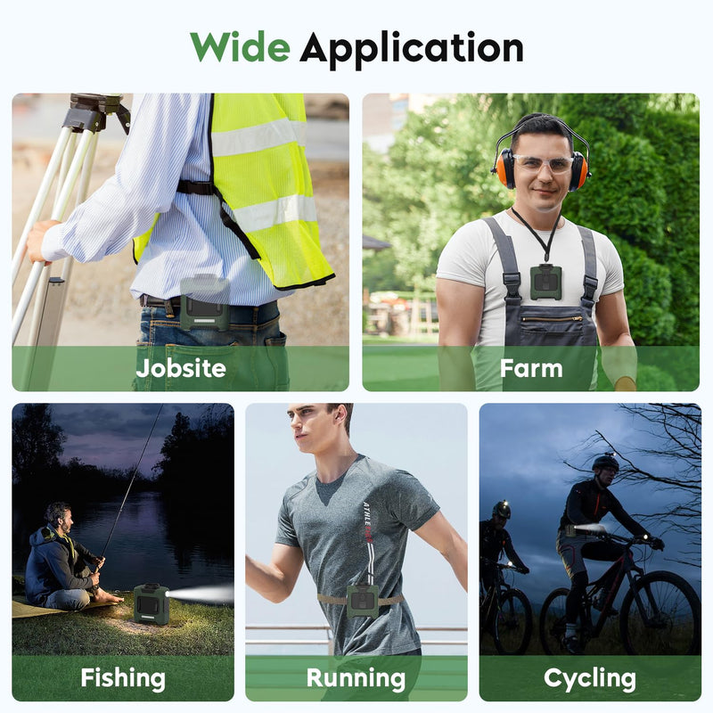 Portable Waist Fan 10000mAh Rechargeable Waist Clip Fan 18000RPM With Max 12H Working Time 3-speed adjustment with LED flashlight Portable Fan for Outdoor Jobsite and etc Green