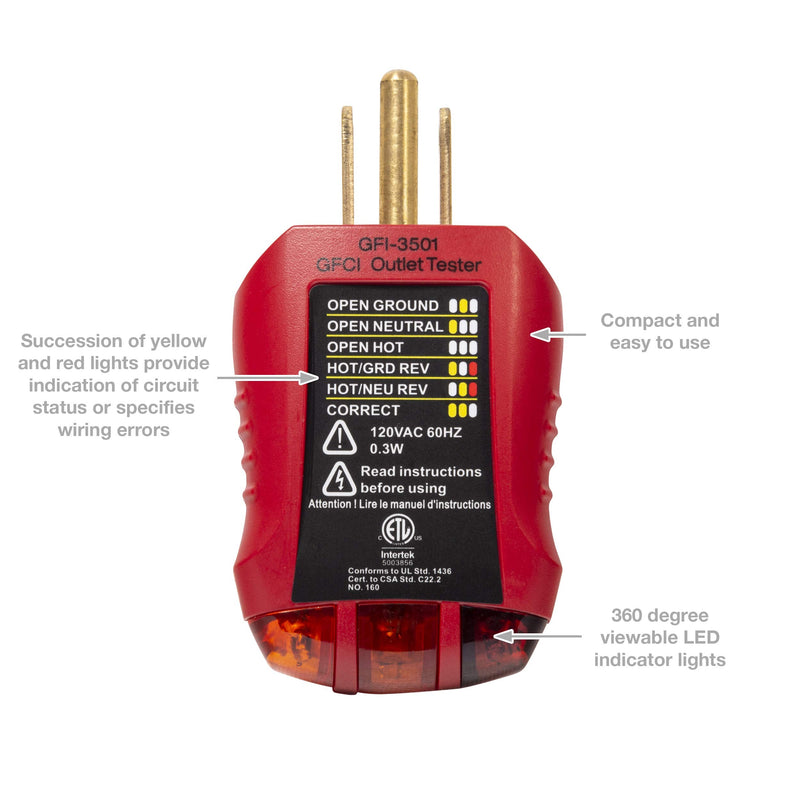 Gardner Bender GFI-3501 Ground Fault Receptacle Tester & Circuit Analyzer, 110-125V AC, for GFCI / Standard / Extension Cords & More, 7 Visual LED Tests , Red Ground Fault Receptacle Tester & Circuit Analyzer (GFIC)