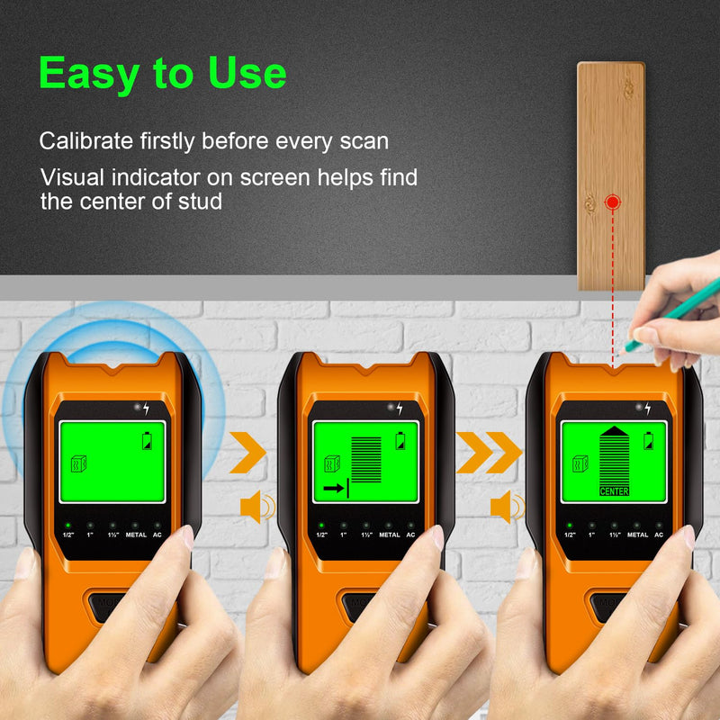 Stud Finder Wall Scanner, 5 in 1 Multifunction Stud Locator with Upgraded Smart Sensor, HD LCD Display and Audio Alarm for The Center & Edge of Metal, Studs, AC Wire, and Pipe Detection (Tangerine)