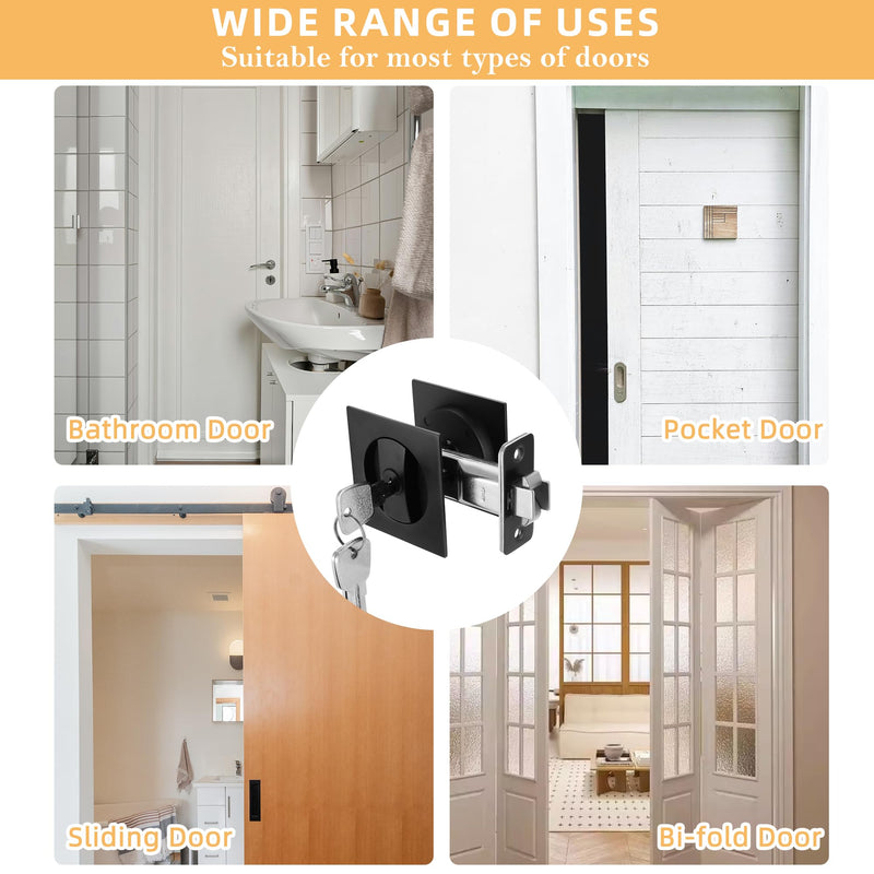 Matte Black Pocket Door Lock with Key, Pocket Door Pull Handle with Lock Square Door Lock for Privacy Sliding Door Bifold Bathroom Door Locks and Pulls Hardware Entry (with Key) Matte Black