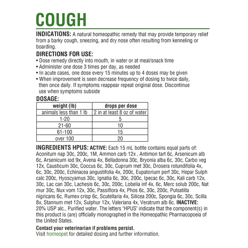 HomeoPet Cough, Natural Cough Treatment for Pets, 15 Milliliters - PawsPlanet Australia