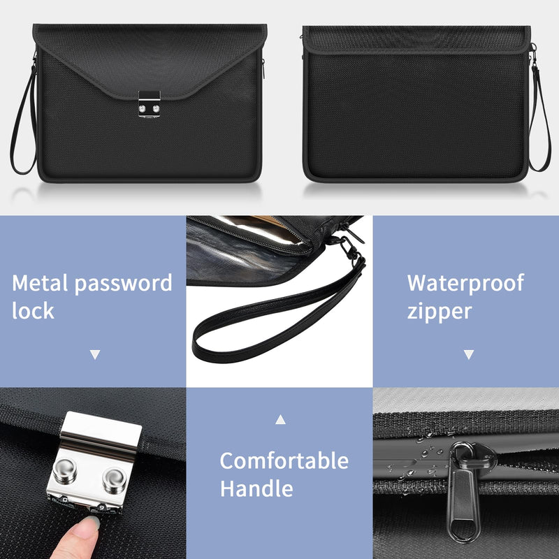 Fireproof Document Bag with Lock, 6400℉ Large Fire proof Money Bag (16.5"x12.2") for Cash Organizer Safe, 12-Layers Waterproof Zipper Holder Protects Passport, Important Documents, Valuables