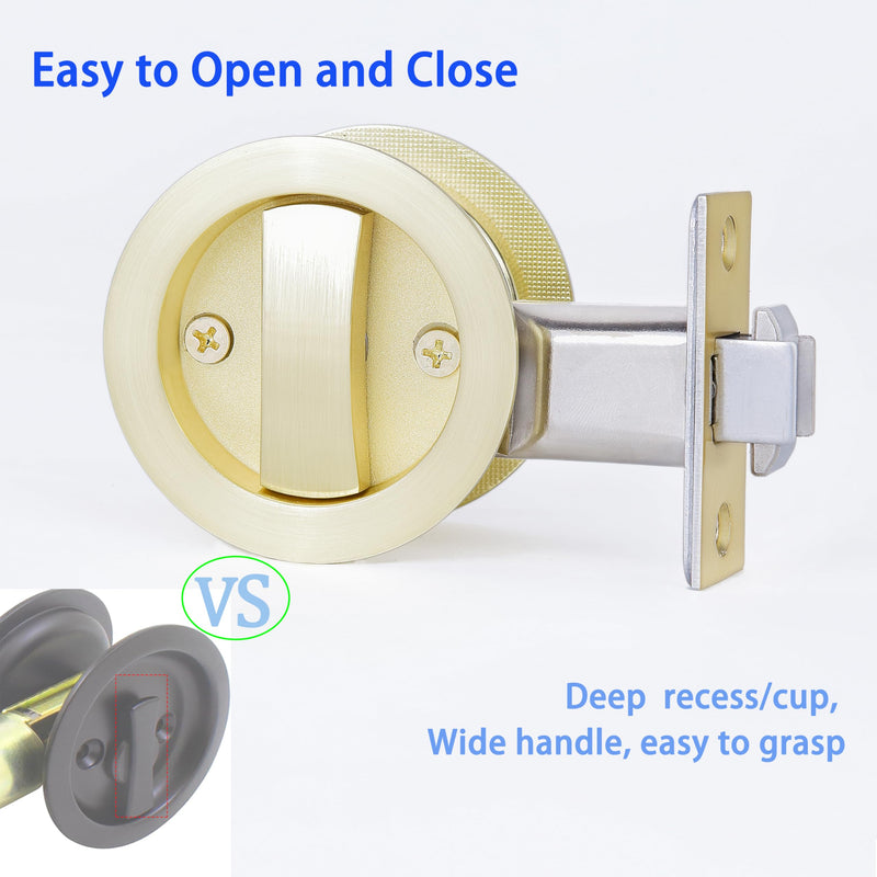 Dontay Pocket Door Passage Latches Lock,Flush Double Sided Rotation,Privacy (Bed/Bath) Latch,Large Lever,Hardware for 1 3/8" to 2 3/16" Sliding Door & Bathroom Doors (Satin Brass, Round - 1 Set) Satin Brass