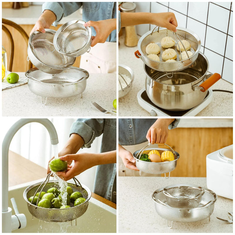 8.7 Inch Stainless Steel Steamer Basket for Pot - Heavy Duty Mesh Food Steamer Insert with Handle & Stable Feet - Multipurpose Rice Washer, Colander & Fruit Strainer - Fits 6 & 8 Qt Pressure Cookers