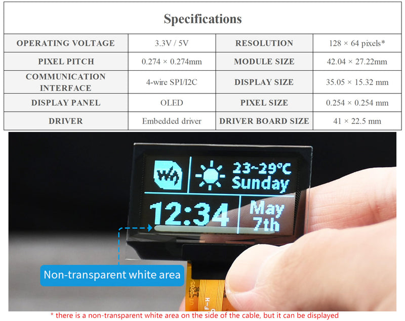 1.51inch Transparent OLED Compatible with Raspberry Pi 5/4B/3B+/3B/A+/Pi Zero W/Pi Zero 2W, 128 x 64 Resolution, SPI/I2C Interfaces, Embedded Independent Driver Chip, Light Blue Color Display