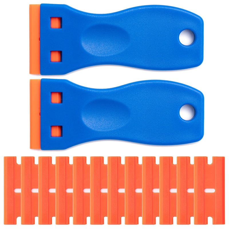 2 Pcs Plastic Razor Blade Scraper and 12 Pcs Blades, Remove Label Decal Tool,Forwithout Scratches Plastic Razor Blade Scraper, Adhesive Remover for Kitchen Appliances,Stickers and Paints on Window 2+12PCS