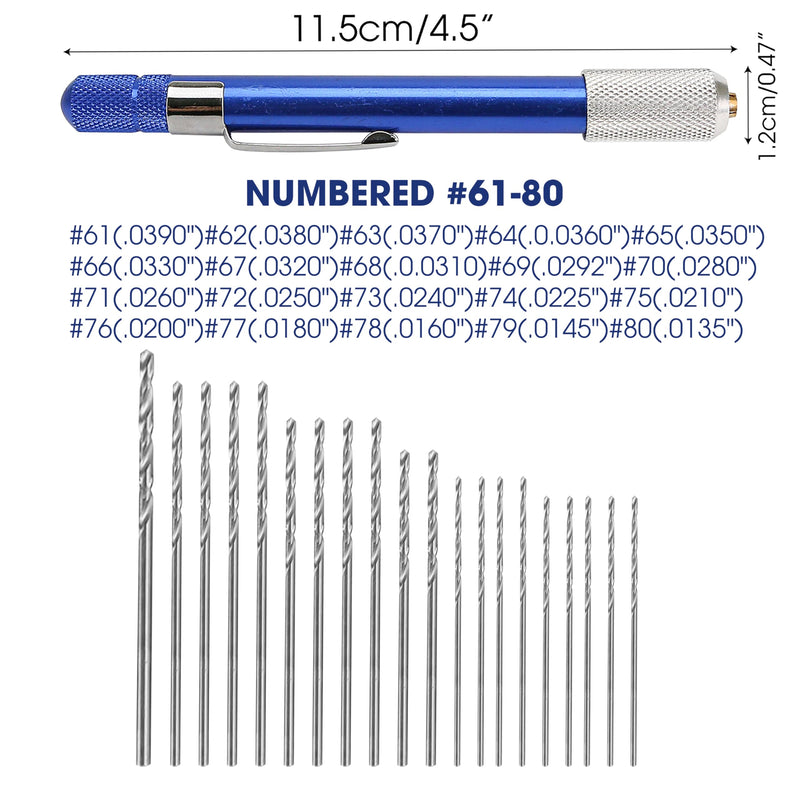 21PCS Carburetor Jet Drill Bits Pin Vise Set, Numbered 61-80 Mini Jeweler's Chuck Vice, Fine Tiny Miniature Metric Micro Wire Nano Tool For Jewelry Bead Making Crafts Orifice Drilling Wood DIY Carving