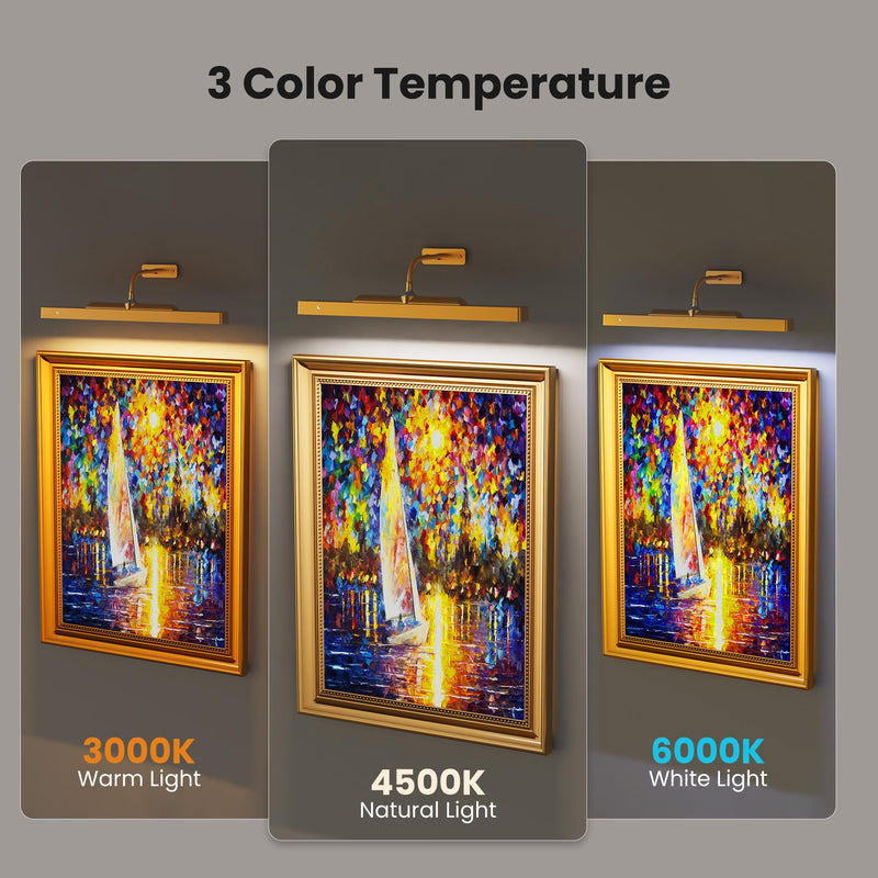 Picture Light Gold, 16in Battery Operated Picture Lights for Paintings,Remote Control Display Art Light with Timer and Dimmable for Wall Painting,Frame, Portrait, Photo,Dartboard 1 Pack