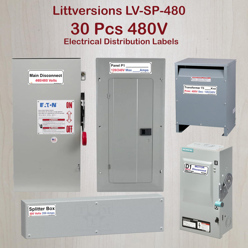 30 Pcs 480/460/240/208/120V Electrical Labels Stickers Decals Markers for Main Disconnect Splitter Transformer Panel Circuit Breaker Loadcenter Lighting Motor Contactor Box Vinyl