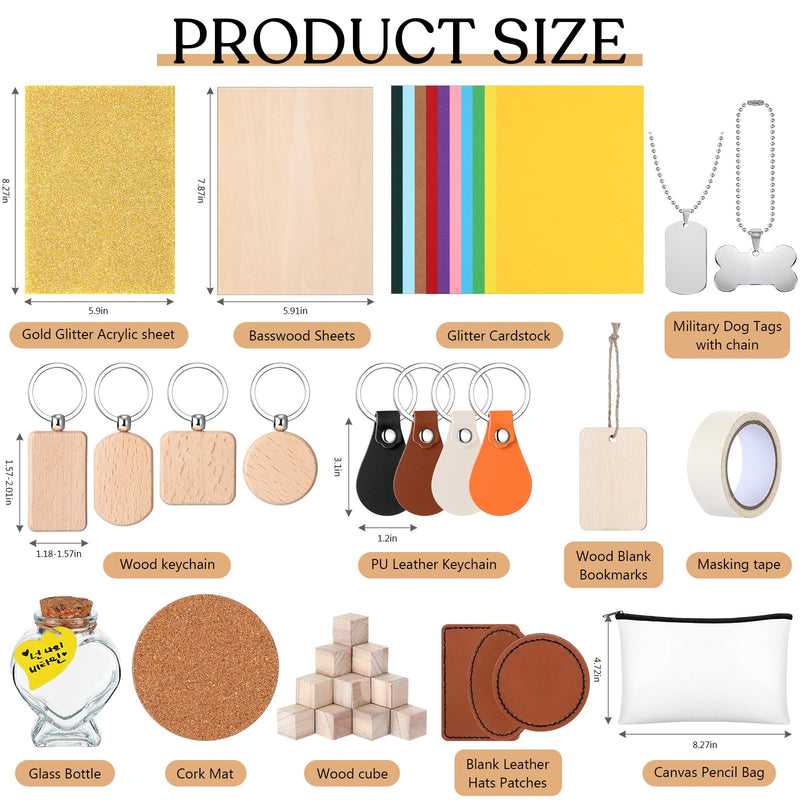 Dunzoom 96 Pcs Laser Material Explore Kit Laser Engraving Material for Laser Crafting, 18 Kinds Laser Engraving Accessories Includes Leather, Acrylic, Basswood, Metal, Wood Materials