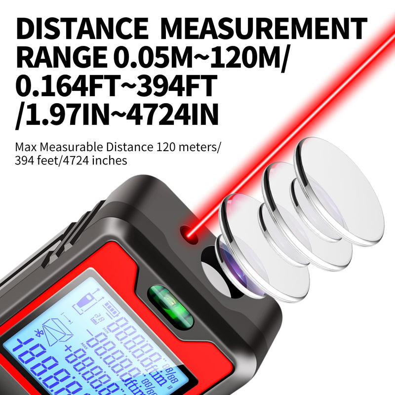 394ft/120m/4724 inches Digital Infrared Laser Distance Meter Distance/Area/Volume/Pythagorean/Double Pythagorean Measurement with 4-Digits&4 Readings Displaying Rechargeable