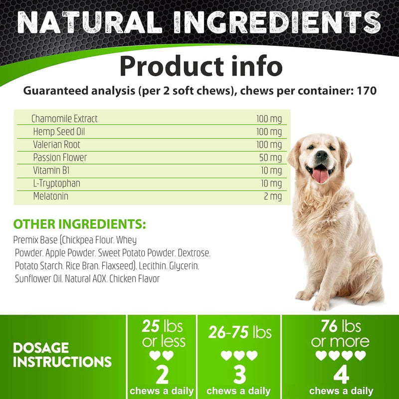 Hemp Calming Chews for Dogs with Anxiety and Stress - 170 Dog Calming Treats - Storms, Barking, Separation - Valerian Root - Melatonin - Hemp Oil - Dog Anxiety Relief - Made in USA | Soft Chews