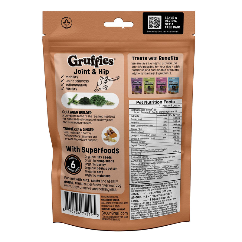 Gruffies Organic Hip & Joint Dog Treats – Natural Joint Supplement for Dogs with Turmeric & Ginger, Healthy Peanut Butter Treats for Mobility, Vet Approved, Non-GMO, Made in Canada, 6 oz (Pack of 1) 6 Ounce (Pack of 1)