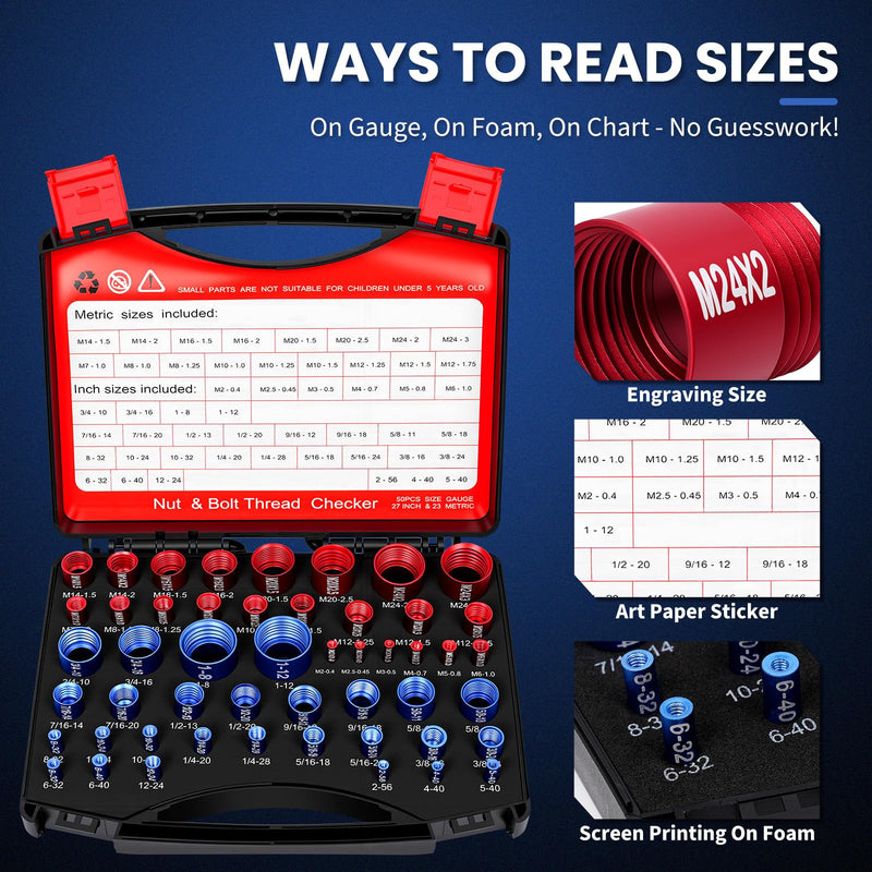 50Pcs Thread Checker Set, SAE & Metric Nut and Bolt Thread Gauge with Case, 27 Imperial & 23 Metric Bolt Size Finder for Narrow and Tricky Areas
