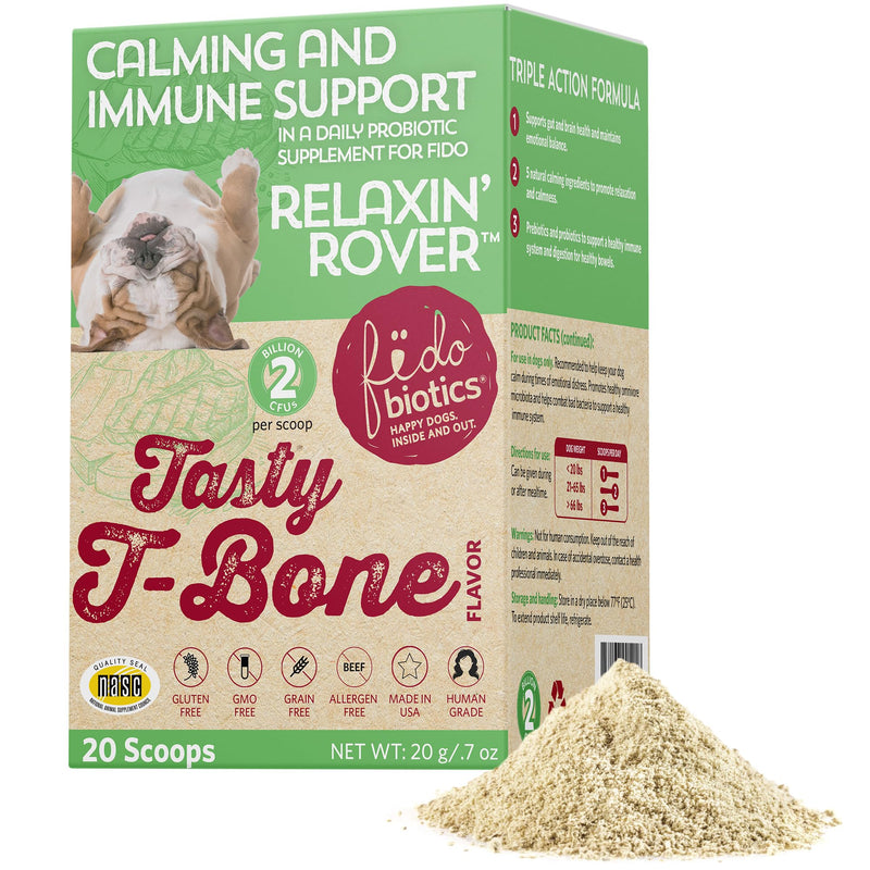 Fidobiotics Relaxin’ Rover Calming Supplement, Probiotics for Dogs with Valerian, Chamomile & GABA for Stress & Anxiety Relief, Tasty T-Bone Flavor 20 Servings 20 Day