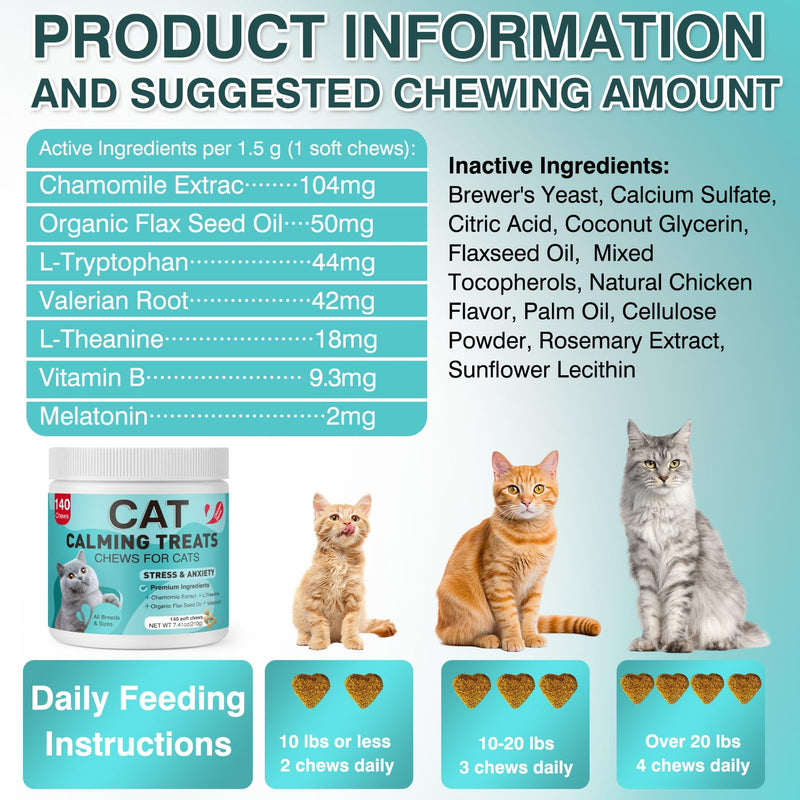 Cat Calming Treats, 140 Soft Chews to Relieve Anxiety, Stress & Prevent Bites, Perfect for Travel & Veterinary Visits, Soothing Calming Care for Indoor Cats Chicken Flavor 7.41 OZ