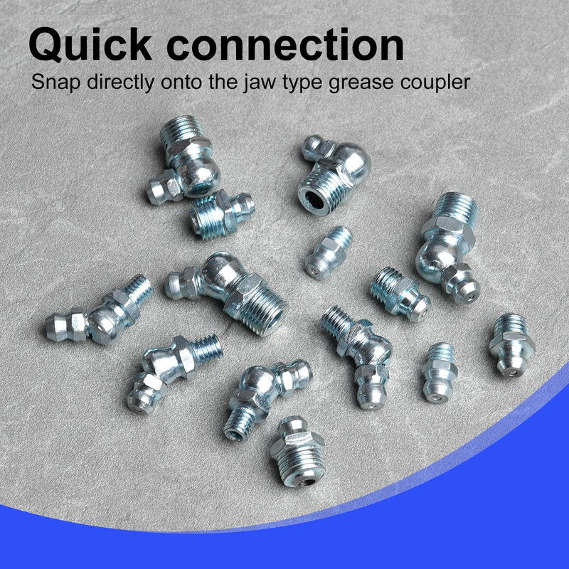 100 PCS SAE & Metric Grease Fittings Kit - Hydraulic Zerk Assortment 1/4" 1/8" M6 M8 M10 with Straight, 45°, and 90° Degree Heads for Automotive and Industrial Use, Galvanized Steel Set 100 PCS KIT