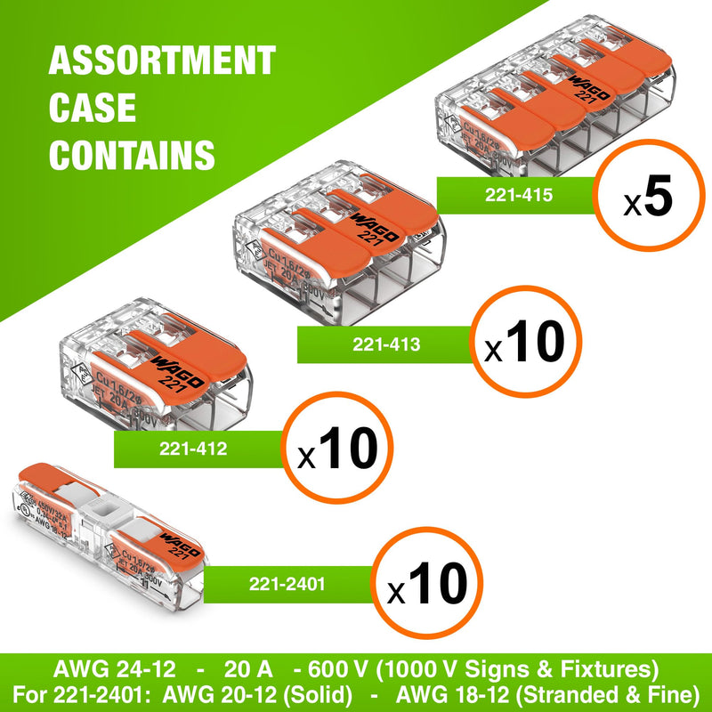 WAGO 221 Series 35pc Compact Splicing Wire Connectors | Includes (10x 221-2401), (10x 221-412), (10x 221-413), (5X 221-415) | WAGO Wire Connectors | WAGO 221 Wire Nuts | WAGO 221 Series Inline NAA221-35