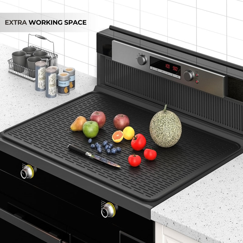 Stove Top Covers for Electric Stove (28'' x 20''),Glass Stove Top Cover, Heat Resistant Mat up to 450°F, Flat Electric Stove Top Cover, Dish Drying Mat (Ridged Black) Ridged Black