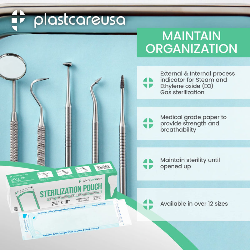 200 2.75 x 9 Self-Sterilization Pouches for Cleaning Tools, Autoclave Sterilizer Bags for Dental Offices, Pouch for Dentist Tools 200