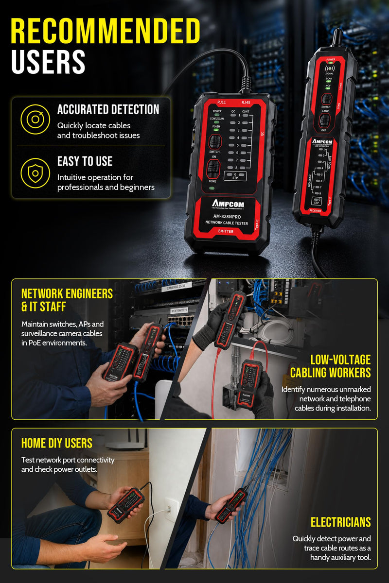 AMPCOM Tone Generator & Probe Kit, Rechargeable Wire Tracer Network Tester | Li-ion battery, Wire Tracker & Cable Tracer, Continuity Tests, LED Flashlight, Audio Monitoring, Switch Port-flah