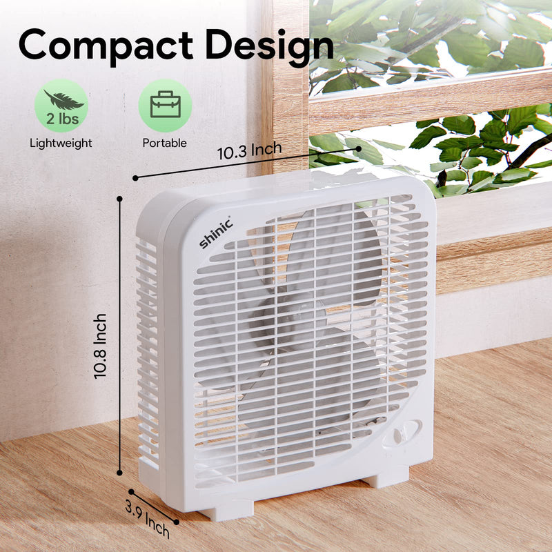 shinic 10" Tabletop Box Fan for Bedroom, 2 Speeds, Quiet Table Fan with Strong Airflow, Energy Efficient Small Box Fan, Portable Kitchen Exhaust Fan for Bedroom Bathroom Office Dorm Workshop, White Single Units