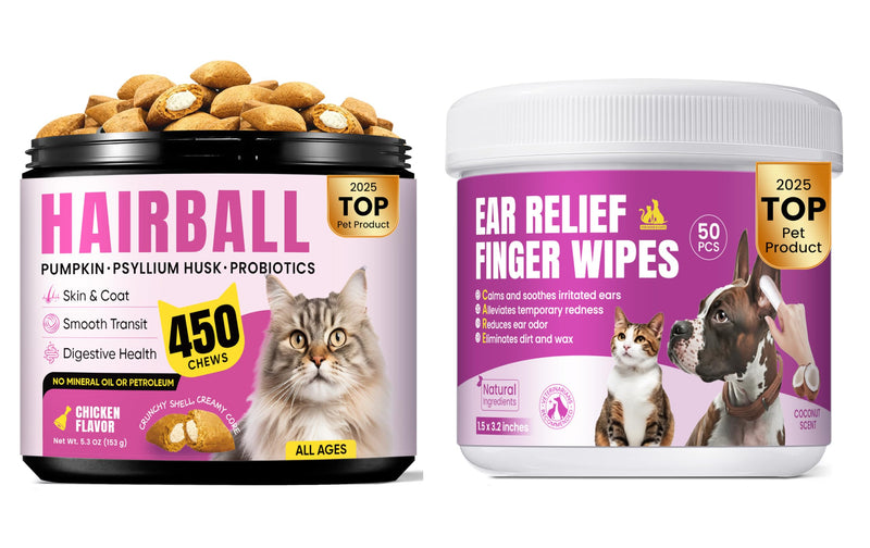Hairball & Ear Care Bundle for Cats – Hairball Control Treats + Ear Cleaning Finger Wipes