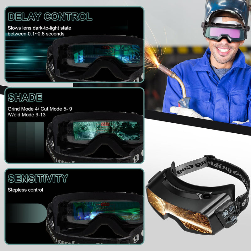 Welding Glasses Auto Darkening View Area 4.82 x 1.38 Inch Welding Goggles for Men Assemblable Adjustable Cutting Torch Glasses Gear for TIG MIG ARC Grinding, Not Include Mask