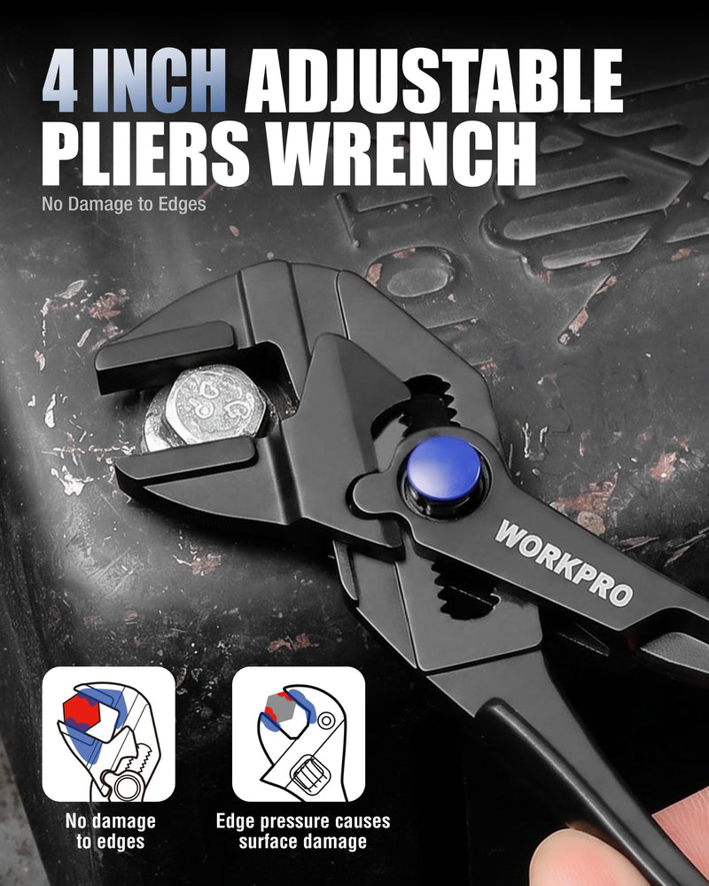 WORKPRO 4-Piece Mini Pliers Set with Pouch, Pocket Pliers Gift for Man | 4-Inch Plier Wrench, Slip Joint Plier, Water Pump Plier, 4.5-Inch Long Nose Slip Joint Plier, Alloy Steel, Anti-Rust Coating Black 4-Pieces Pliers Set