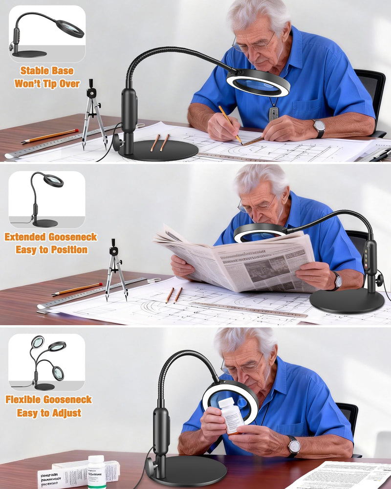 30X 10X Magnifying Glass with Light and Stand, 5 Color Modes Stepless Dimmable, Optical Grade HD Lens, LED Lighted Magnifier Hands Free with Flexible Gooseneck for Close Work, Craft, Hobby, Painting Black