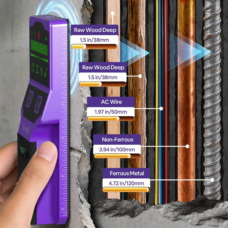 SUNMAY Stud Finder Wall Scanner, 7-in-1 Electronic Stud Sensor & Wall Detector for Center & Edge of Wood Metal Studs Joists AC Wire Pipe, HD LCD Display with Voice Alarm, Deep Scan Mode Purple