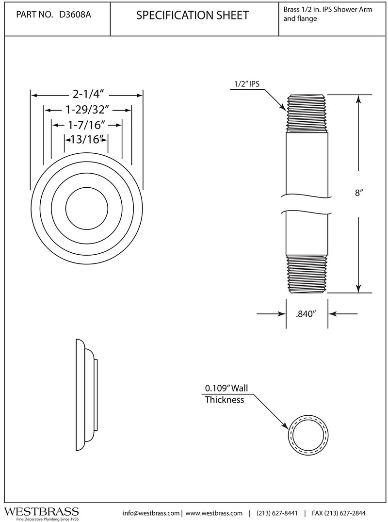 Westbrass D3608A-05 1/2" IPS x 8" Round Ceiling Mount Shower Arm with Flange, Polished Nickel 1 Pack