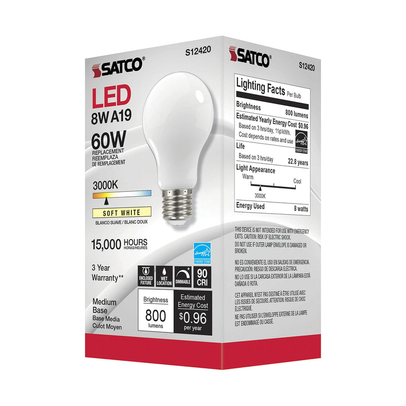 Satco S12420-8.2 Watt LED A19 Soft White Bulbs - 6