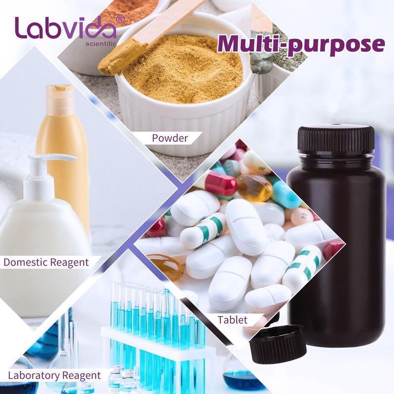 Amber Reagent Bottle HDPE Wide Mouth Round Plastic Bottles, 6 pcs of 250ml Sample Sealing Storage Container for Laboratories, Classrooms, or Storage at Home, LVAL003 Vol. 250ml, 6pcs