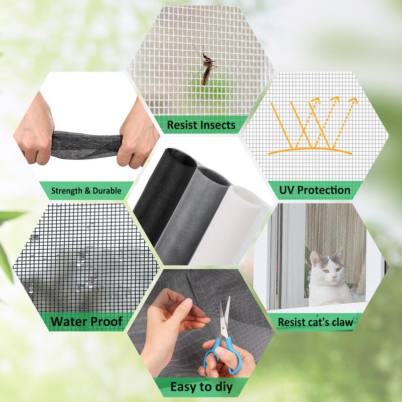 Windows Screen Replacement and Screen Door Repair Kit, 6Pcs Window Screen Fiberglass Mesh Kit - Window Screen & Screen Door Mesh & Screen Porch Repair Kit (Black, 48" x 118") 48" x 118" Black