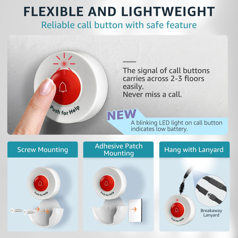 Caregiver Pager Wireless Nurse Call Buttons for Elderly Monitoring SOS Alert System Portable Alarm Call Bell for Nursing Home Care Seniors Patients Emergency 3 Call Buttons 1 Receiver