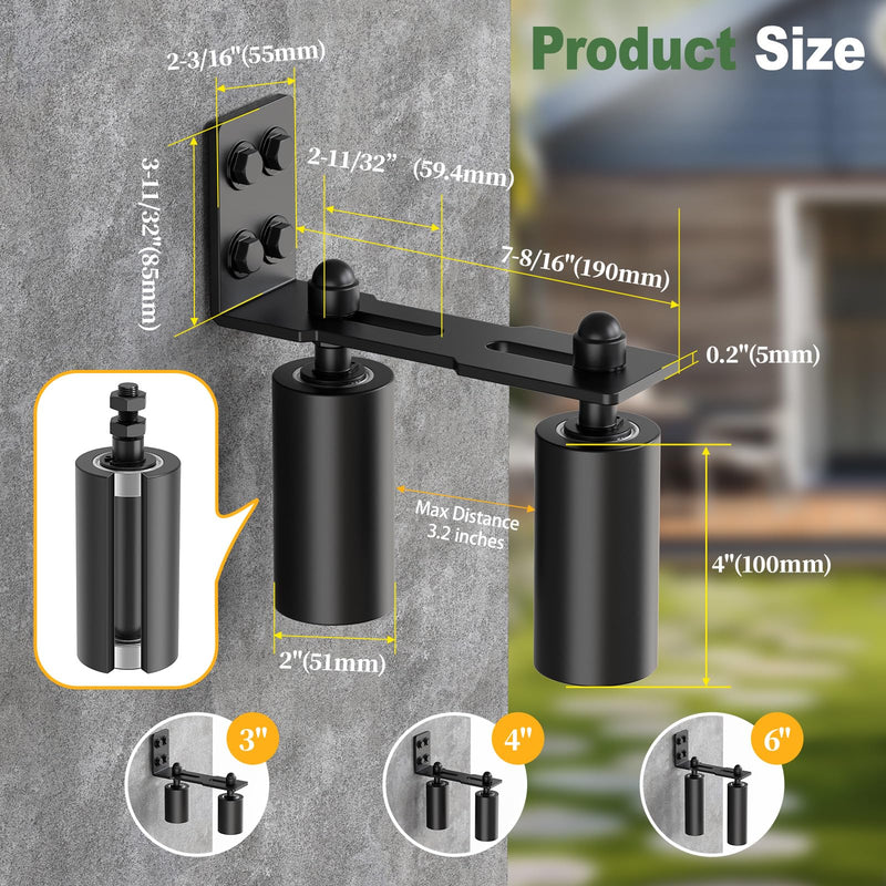 Adjustable Sliding Gate Roller Hardware Kit - Heavy Duty Steel Wall-Mount Bracket & Nylon Roller Guide for Rolling/Sliding Doors, Garage, Wood Gates (Black-2pcs, 4in) Black-2pcs