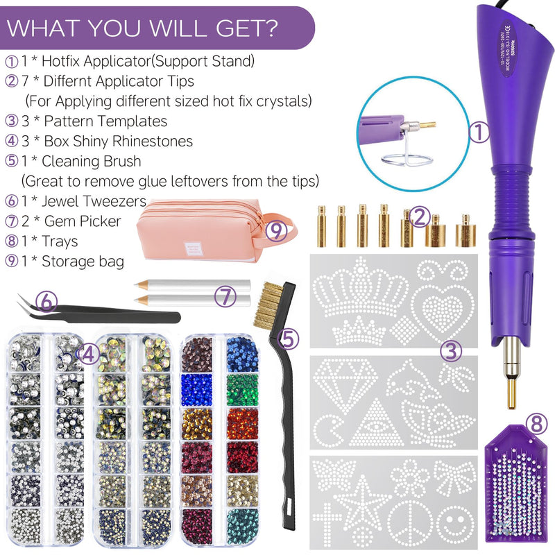 Hotfix Rhinestones Applicator Kit Set 4500 Pcs Crystals (White/AB/Multi-Color) - Bedazzler DIY Craft Includes 19 Pattern Templates, Tweezers, Brush, Storage Bag - for Clothes, Fabric, Jeans (Purple) Purple