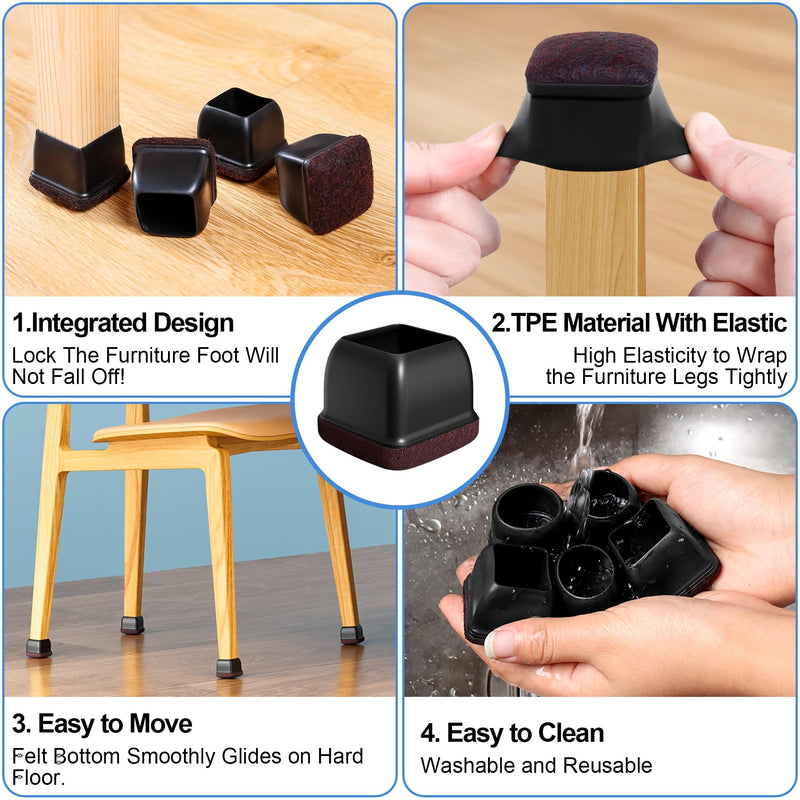 16 Pcs Chair Leg Floor Protectors for Hardwood Floors - Square Silicone Covers with Felt Pads, Protect Floors, Reduce Noise (Black, Fit: 1-1/16" to 1-7/16") Black TPE Fit: 1-1/16" to 1-7/16"