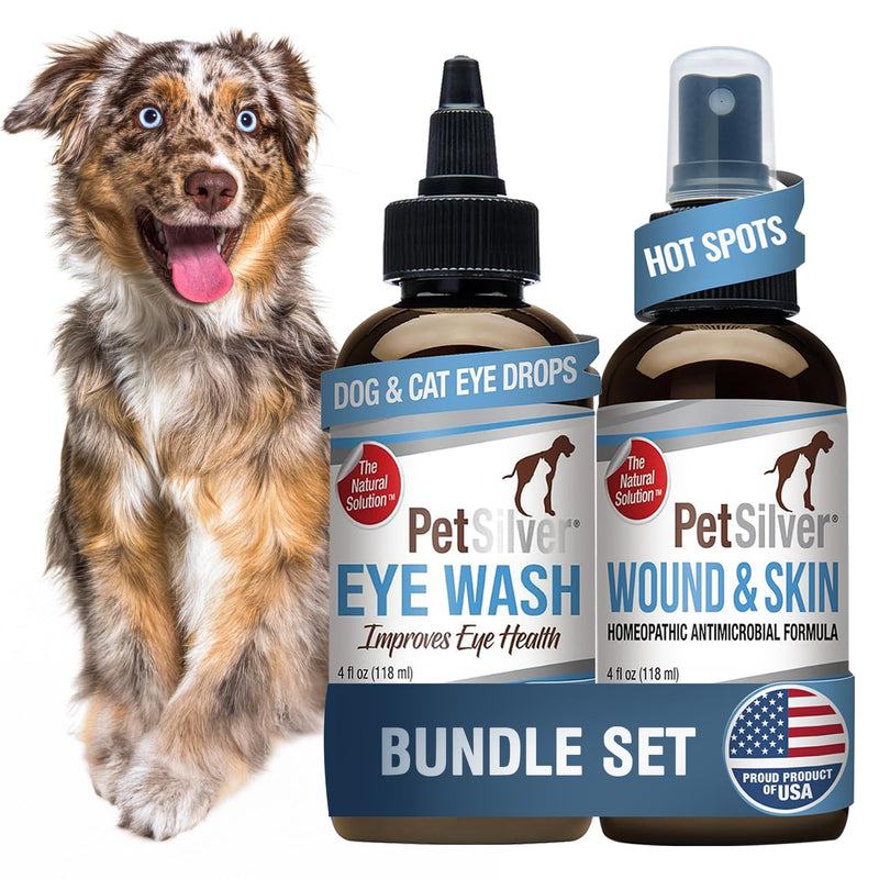 PetSilver - Wound & Skin Spray (4 fl oz) and Eye Wash (4 fl oz) with Patented Chelated Silver - Wound, Hot Spot, & Itch Relief Spray - Eye Cleaner & Tear Stain Remover for Cats and Dogs - Made in USA